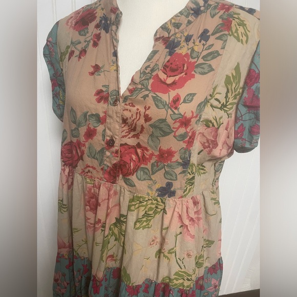 THML Anthropologie Boho Beige Floral V Neck Short Sleeve Dress Womens XL - Picture 2 of 10